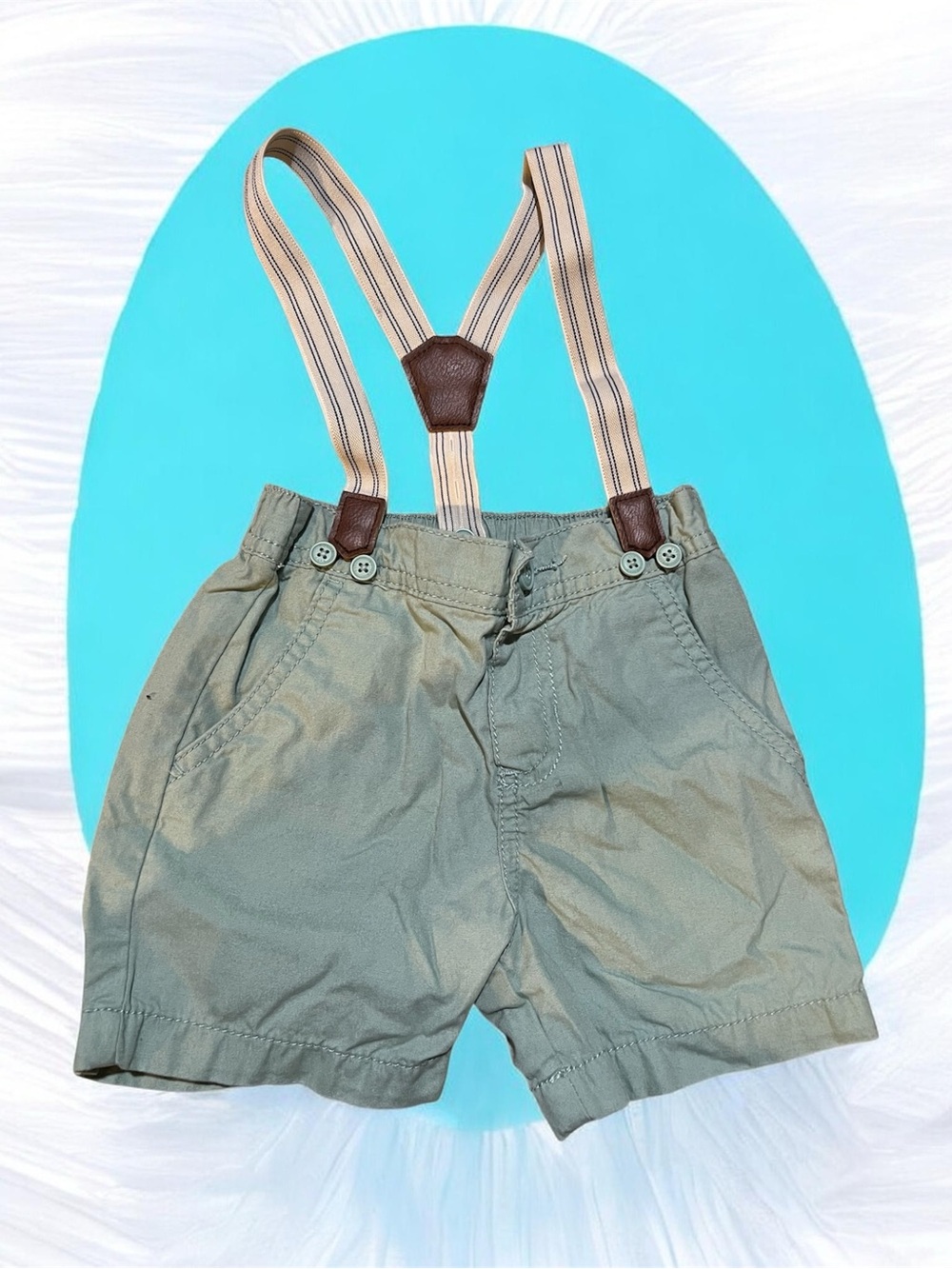 Kids Olive Green Shorts with Striped Suspenders
